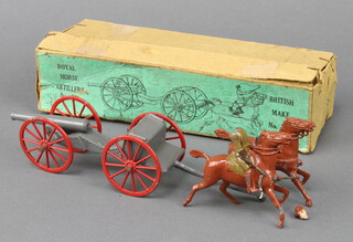A rare Royal Horse Artillery gun group by Crescent toys No 581 boxed, driver had detached head and missing arm