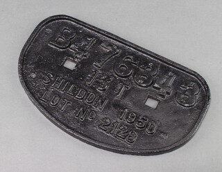 A cast iron railway wagon plate marked B476343 13FT Shildon 1950 Lot 1228 17cm x 28cm 
