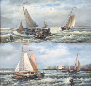 B Murray, oil paintings on board, a pair, fishing boats in choppy seas and fishing boats off a harbour, signed, 18cm x 38cm 