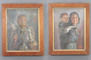 Two oils on panel, a Tibetan mother and child and a woman at prayer, signed Toshm/Tushm 39cm x 29cm  