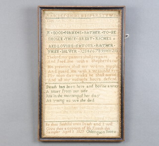 Sampler, a silk stitchwork of alphabets, numbers and verse dated April 3rd 1829, Chiltington Sussex, framed, 33cm x 20cm 

