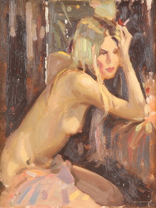 **Ken Moroney, born 1949, oil on board signed, "Between Shows" study of a seated semi-clad lady 22cm x 17cm PLEASE NOTE - Works by this artist may be subject to Artist's Resale Rights