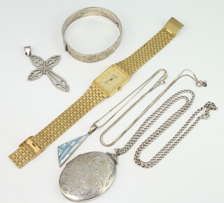 A silver bangle, locket, minor silver jewellery and a gilt wristwatch, weighable silver 92 grams gross  