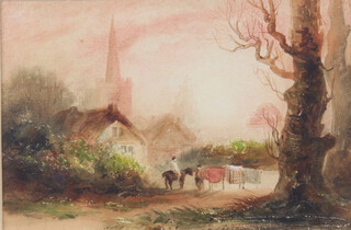 Joseph Newington Carter, watercolour, village scene, signed J N Carter 11cm x 17cm, labelled to the reverse 