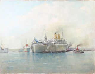 Unsigned 1950's oil on board, study of a P&O Liner in Southampton Water, attended by tugs 70cm x 89cm 