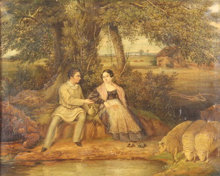 Naive 19th Century oil on canvas unsigned, a couple with sheep beside a pond with distant cattle and buildings 41cm x 51cm 