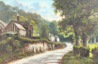 J Lewis, oil on canvas signed "Mickleham Surrey" figures in a country lane 39cm x 59cm 