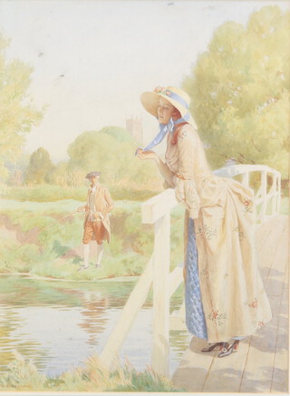 Fred Pegram, watercolour signed, a wistful lady on a bridge with a gentleman fishing, 50cm x 40cm 