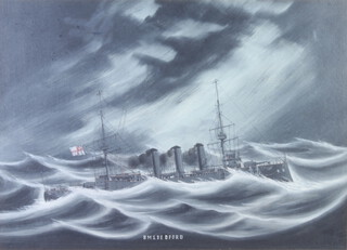 Early 20th Century gouache unsigned "HMS Bedford" in choppy moonlit sea 39cm x 55cm 