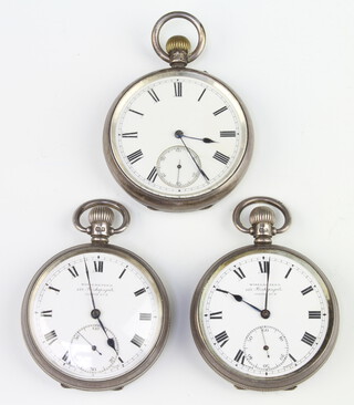 Three keyless open faced pocket watches contained in silver cases 