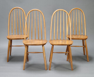 A set of 4 Priory elm stick and rail back dining chairs with solid seats, turned supports and stretchers 98cm h x 44cm w x 43cm d (seat 34cm x 33cm) 