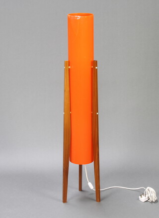 A 1960's teak and orange plastic rocket standard lamp 116cm h x 20cm w (crack to the plastic) 