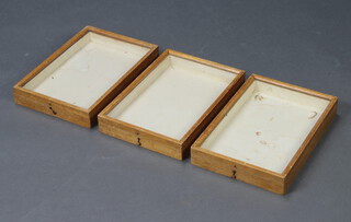 Three beech framed display cabinets enclosed by hinged glazed doors 4cm x 32cm x 22cm 