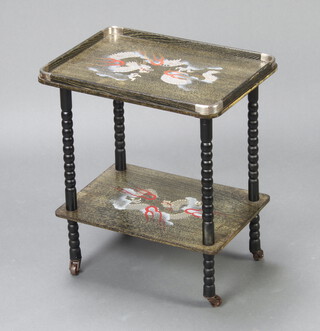 A 1930's rectangular chinoiserie style 2 tier trolley with bobbin turned decoration, decorated a dragon 51cm h x 43cm w x 31cm d 
