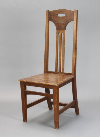 John Alexander of Aberdeen, an Art Nouveau Liberty style oak stick and rail back hall chair with solid seat, box stretcher 103cm h x 46cm w x 45cm d (split and wear to seat which is 37cm x 37cm) 

