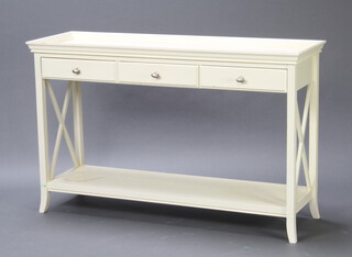 A white painted Georgian style rectangular mahogany tray top side table fitted 3 drawers, raised on square supports with undertier 80cm h x 126cm w x 41cm d 