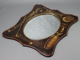 An oval plate wall mirror contained in a decorative painted frame decorated golfing trophies 110cm x 90cm 