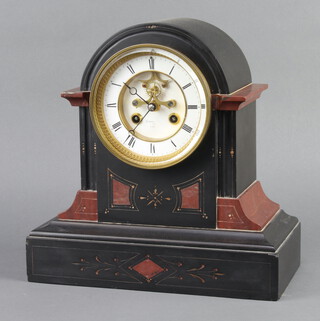 Harrison & Sons Paris, a Victorian French 8 day striking on bell mantel clock with visible escapement, the enamelled dial marked Harrison and with Roman numerals, contained in an arch shaped 2 colour marble case, complete with pendulum and key 28cm h x 28cm w x 14cm d  