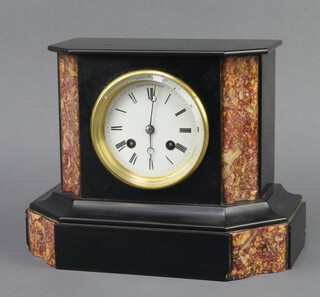 Japy Freres, a 19th Century French 8 day striking on bell mantel clock, having an enamelled dial, Roman numerals, contained in a 2 colour marble case 20cm h x 26cm w x 16cm d 