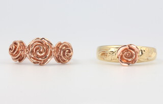 A 9ct rose gold floral ring, a 2 colour ditto size N and P, 8.5 grams