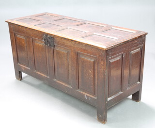 A 17th/18th Century oak coffer of panelled construction with hinged lid and iron lock (a/f) 69cm h x 168cm w x 55cm d 