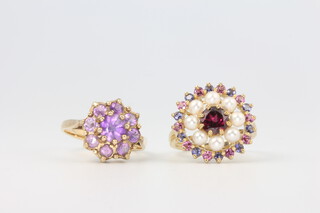 Two 9ct yellow gold amethyst and pearl and garnet cluster rings size L and N, 6.8 grams