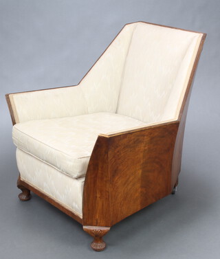 An Art Deco walnut tub back armchair upholstered in grey marbled material 82cm h x 71cm w x 73cm d (seat 43cm x 52cm) 