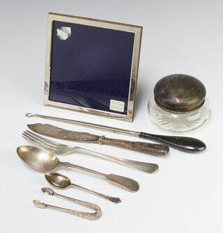A 925 standard silver square frame mirror 14cm, lidded toilet jar and minor cutlery 