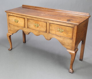 An 18th Century style oak dresser base with raised back, fitted 3 drawers with brass swan neck drop handles, raised on cabriole supports 87cm h x 143cm w x 50cm d  