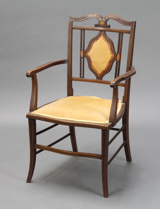 An Edwardian inlaid mahogany open armchair raised on outswept supports 84cm h x 51cm w x 43cm d (seat 37cm w x 38cm d)  