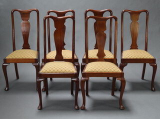 A set of 6 1930's Queen Anne style slat back dining chairs with upholstered drop in seats, raised on cabriole supports 105cm h x 44cm w x 39cm d (seat 25cm x 30cm) 