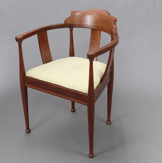 An Edwardian inlaid mahogany slat back tub chair with upholstered seat, raised on turned supports 79cm h x 57cm w x 43cm d (seat 34cm x 30cm) 