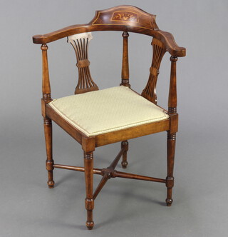 An Edwardian inlaid mahogany corner chair with pierced vase shaped slat panel to the side 76cm h x 62cm w x 54cm d (seat 25cm x 25cm) 
