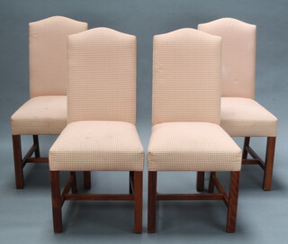 A set of 4 Georgian style mahogany framed high back dining chairs upholstered in pink and white gingham material, raised on square supports with H framed stretcher  