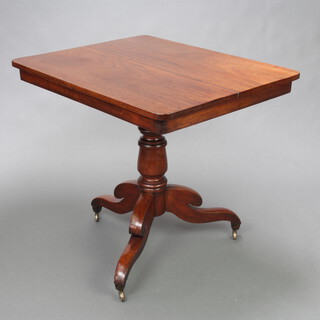 A 19th Century rectangular mahogany occasional table raised on a turned column and tripod base ending in brass caps and casters 72cm h x 81cm w x 64cm d 