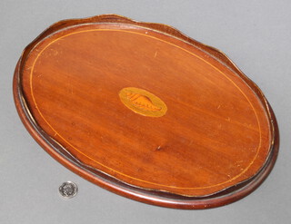 An Edwardian Georgian style inlaid mahogany card tray with wavy border and shell to the centre 3cm h x 29cm x 20cm 