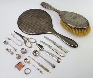 A Georgian silver mustard spoon, minor spoons etc, 46 grams, a silver backed brush and mirror, 2 fruit knives etc 