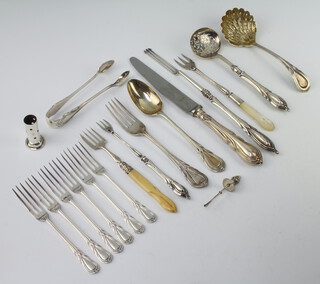 A silver lily pattern sifter spoon Sheffield 1912, 6 small forks, spoons etc, weighable silver 240 grams 