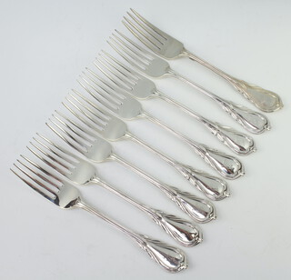 A set of 8 Victorian silver lily pattern table forks, mixed dates, 682 grams 