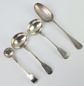 A George III silver ladle 1788, 1 other, a sifter spoon and a dessert spoon 178 grams