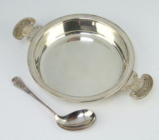 A silver quaich with cast classical handles Birmingham 1999, 22cm, together with a spoon boxed, 222 grams 