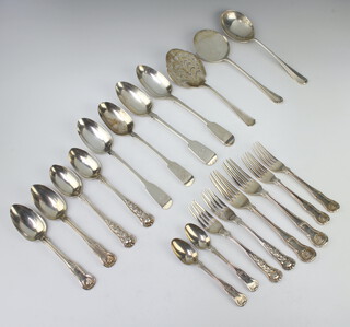 An Edwardian silver table spoon Edinburgh 1910, minor spoons and forks 1258 grams 