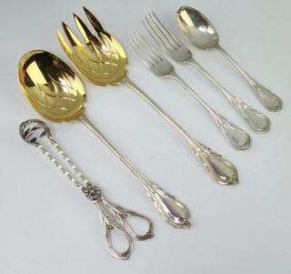 A pair of 800 standard lily pattern servers, pair of tongs, 2 forks and a spoon, 540 grams