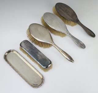 A pair of silver engine turned hair brushes Birmingham 1929, 1 other, clothes brush and a pin tray 