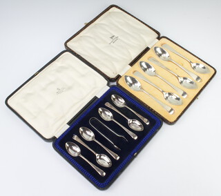 Six silver cased grapefruit spoons Sheffield 1934 and 6 cased teaspoons and tongs Sheffield 1917, 256 grams