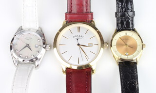 A gentleman's gilt cased Rotary calendar wristwatch, a lady's Sekonda ditto and a lady's Rotary calendar wristwatch with mother of pearl dial and original box 