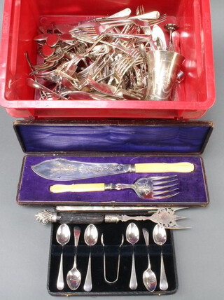 A silver plated fork and minor plated cutlery etc 