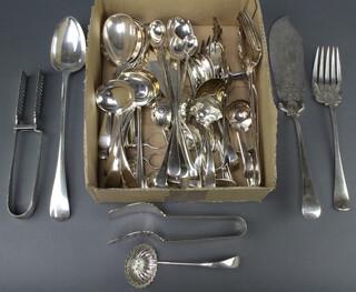 A pair of silver plated fish servers and other plated cutlery 