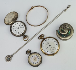A gentleman's gold plated mechanical pocket watch, the dial inscribed Thomas Russell & Son Liverpool, a lady's silver fob watch, a gun metal ditto and minor jewellery 