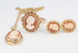 A 9ct yellow gold cameo ring, size T 1/2, ditto pendant 25mm and a pair of earrings 12mm together with a chain, gross weight 10.4 grams